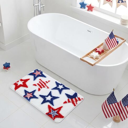 Moutina 3D Red White Blue Stars Bathroom Rugs 17x29 Inch, Soft and Absorbent Tufted 4th of July Rug Non Slip Washable, Patriotic Bathroom Decor Bath Mat Holiday Decorations in Kuwait