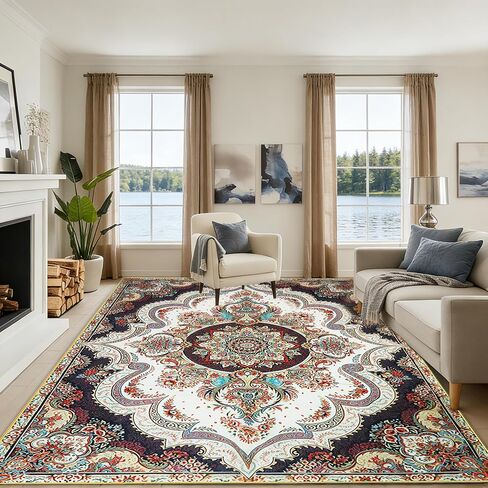 8x10FT Washable Area Rug for Living Room, Vintage Boho Floral Medallion Rug, Non-Slip Low Pile Indoor Carpet for Bedroom, Dining Room, Home Office（Beige White） in Saudi Arabia
