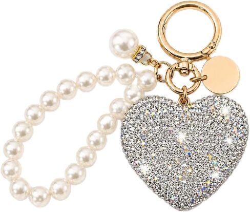 Rhinestone Heart Keychain with Pearl, Gold Tone Sparkly Bling Key Ring, Cute Bag Charm & Key Holder for Women in Saudi Arabia