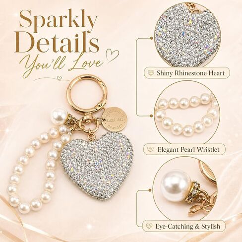 Rhinestone Heart Keychain with Pearl, Gold Tone Sparkly Bling Key Ring, Cute Bag Charm & Key Holder for Women in Saudi Arabia