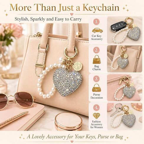 Rhinestone Heart Keychain with Pearl, Gold Tone Sparkly Bling Key Ring, Cute Bag Charm & Key Holder for Women in Saudi Arabia