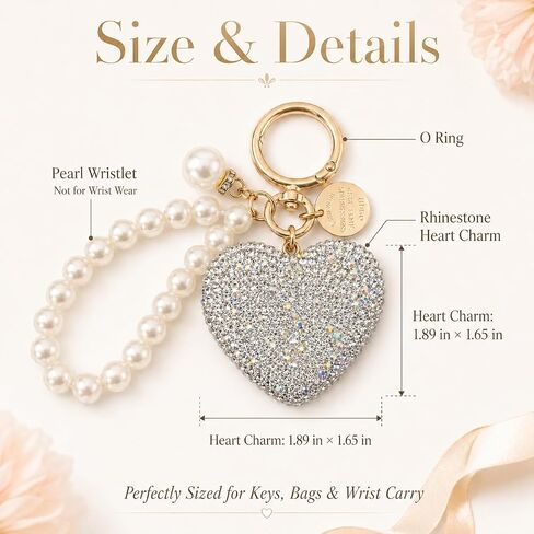 Rhinestone Heart Keychain with Pearl, Gold Tone Sparkly Bling Key Ring, Cute Bag Charm & Key Holder for Women in Saudi Arabia