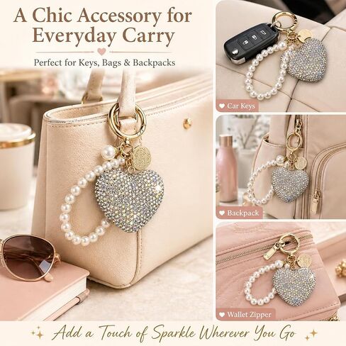 Rhinestone Heart Keychain with Pearl, Gold Tone Sparkly Bling Key Ring, Cute Bag Charm & Key Holder for Women in Saudi Arabia