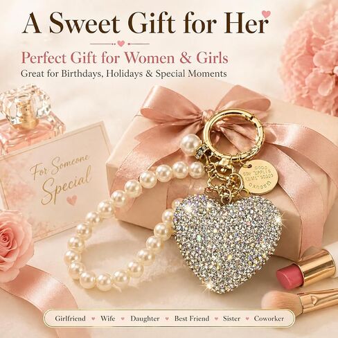 Rhinestone Heart Keychain with Pearl, Gold Tone Sparkly Bling Key Ring, Cute Bag Charm & Key Holder for Women in Saudi Arabia