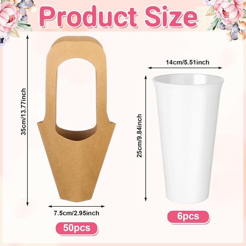56Pcs Flower Bar Buckets Set 6 Galvanized Flower Bucket 50 Packs Kraft Paper Flowers Gift Bags with Handle Rustic Flower Bucket Vases Metal Vase for Flower Bar Home Garden Wedding Parties Florist Shop in Saudi Arabia