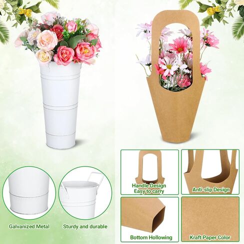 56Pcs Flower Bar Buckets Set 6 Galvanized Flower Bucket 50 Packs Kraft Paper Flowers Gift Bags with Handle Rustic Flower Bucket Vases Metal Vase for Flower Bar Home Garden Wedding Parties Florist Shop in Saudi Arabia