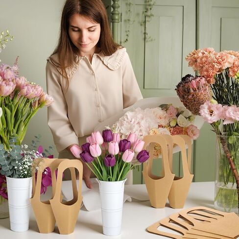 56Pcs Flower Bar Buckets Set 6 Galvanized Flower Bucket 50 Packs Kraft Paper Flowers Gift Bags with Handle Rustic Flower Bucket Vases Metal Vase for Flower Bar Home Garden Wedding Parties Florist Shop in Saudi Arabia