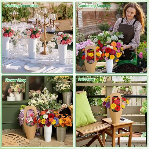 56Pcs Flower Bar Buckets Set 6 Galvanized Flower Bucket 50 Packs Kraft Paper Flowers Gift Bags with Handle Rustic Flower Bucket Vases Metal Vase for Flower Bar Home Garden Wedding Parties Florist Shop in Saudi Arabia