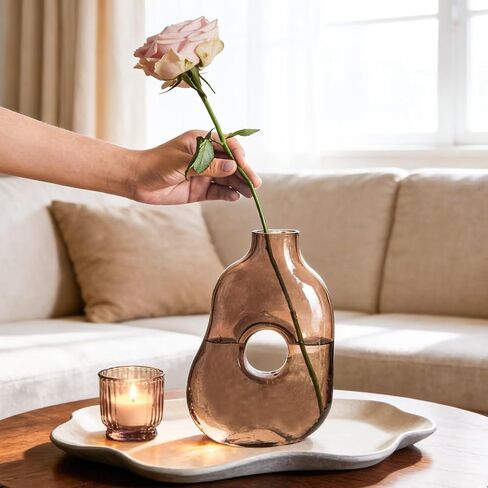 DN DECONATION Flower Vase for Kitchen Home Decor, Amber Hollow Glass Vase for Bouquet, Tall Vases for Flowers Table Centerpiece Dining Room Desk Decor Wedding Tulip Gift for Mom in Saudi Arabia