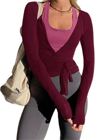 Womens Wrap Tie Top Y2k Long Sleeve Deep V Neck Cross Tie Ballet Workout Yoga Coquette Top in Saudi Arabia