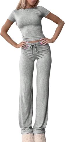 MARZXIN Women's 2 Piece Lounge Sets Straight Leg Pants Set Short Sleeve Crewneck Crop Tops and Long Pants Tracksuit Outfits in Saudi Arabia