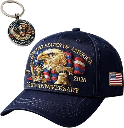 250th Anniversary USA Hat, USA 250th Anniversary Merchandise, 2 Pcs Set with Eagles Hat and Keychain for Patriotic Celebrations and Historical Commemorations, Embroidered Eagles Design Blue in Saudi Arabia