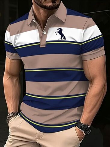Men's Striped Color Block Polo Shirt, Short Sleeve Collared Tee, Casual Breathable Summer Top for Daily & Sports,M-2XL in Kuwait