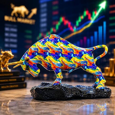 تمثال ثور جرافيتي ملون - منحوتة الثور الحديثة من الراتنج مقاس 13.6 بوصة، تمثال حيوان وول ستريت لديكور مكتب المنزل، هدية ثروة مالية فريدة لتجار الأسهم والرجال in Kuwait