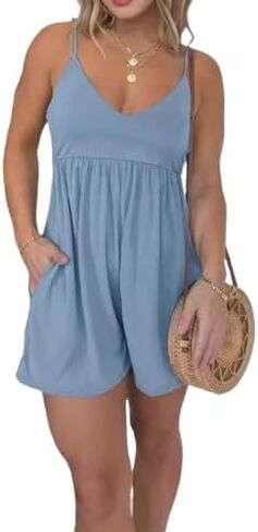 Women's Flowy Romper with Pockets,Women's Summer Loose Wide Leg Jumpsuit Casual Sleeveless Solid Color V-Neck Dress in Saudi Arabia