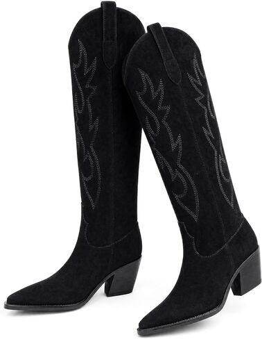 Cowboy Boots for Women - Knee High Cowgirl Boots, Pointed Toe Faux Suede Western Boots with Embroidered Pull-On Shaft and 2.76 Inch Block Heel in Saudi Arabia