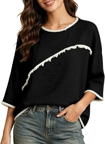 المرأة 3/4 طول الأكمام العصرية خفيفة الوزن Crewneck بالإضافة إلى حجم قمصان تونيك الصيف عارضة البلوزات الأنيقة in Kuwait