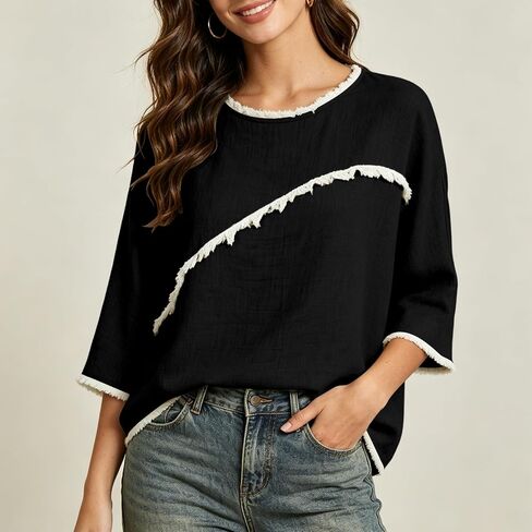 المرأة 3/4 طول الأكمام العصرية خفيفة الوزن Crewneck بالإضافة إلى حجم قمصان تونيك الصيف عارضة البلوزات الأنيقة in Kuwait