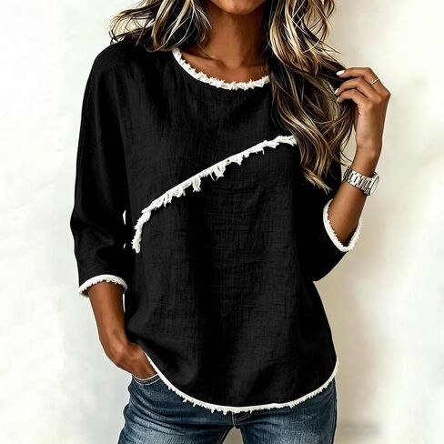 المرأة 3/4 طول الأكمام العصرية خفيفة الوزن Crewneck بالإضافة إلى حجم قمصان تونيك الصيف عارضة البلوزات الأنيقة in Kuwait