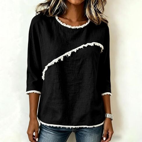 المرأة 3/4 طول الأكمام العصرية خفيفة الوزن Crewneck بالإضافة إلى حجم قمصان تونيك الصيف عارضة البلوزات الأنيقة in Kuwait
