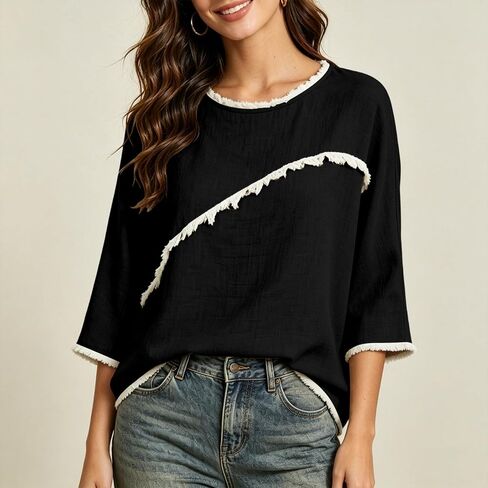 المرأة 3/4 طول الأكمام العصرية خفيفة الوزن Crewneck بالإضافة إلى حجم قمصان تونيك الصيف عارضة البلوزات الأنيقة in Kuwait