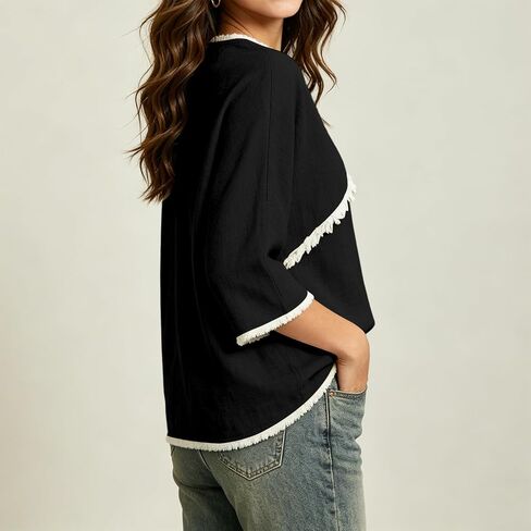المرأة 3/4 طول الأكمام العصرية خفيفة الوزن Crewneck بالإضافة إلى حجم قمصان تونيك الصيف عارضة البلوزات الأنيقة in Kuwait