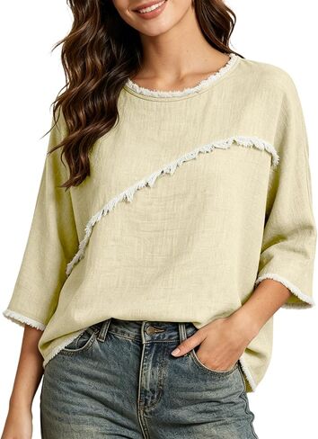 المرأة 3/4 طول الأكمام العصرية خفيفة الوزن Crewneck بالإضافة إلى حجم قمصان تونيك الصيف عارضة البلوزات الأنيقة in Kuwait
