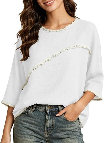 المرأة 3/4 طول الأكمام العصرية خفيفة الوزن Crewneck بالإضافة إلى حجم قمصان تونيك الصيف عارضة البلوزات الأنيقة in Kuwait