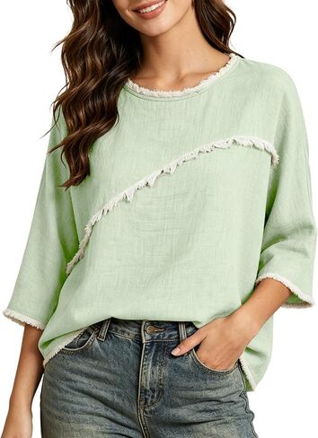 المرأة 3/4 طول الأكمام العصرية خفيفة الوزن Crewneck بالإضافة إلى حجم قمصان تونيك الصيف عارضة البلوزات الأنيقة in Kuwait