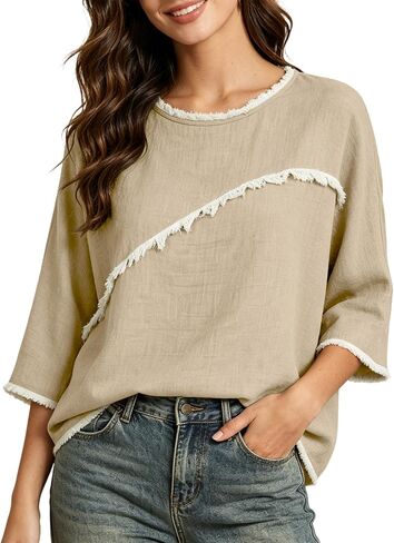 المرأة 3/4 طول الأكمام العصرية خفيفة الوزن Crewneck بالإضافة إلى حجم قمصان تونيك الصيف عارضة البلوزات الأنيقة in Kuwait