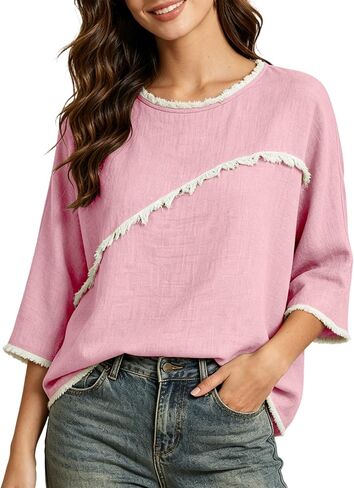 المرأة 3/4 طول الأكمام العصرية خفيفة الوزن Crewneck بالإضافة إلى حجم قمصان تونيك الصيف عارضة البلوزات الأنيقة in Kuwait