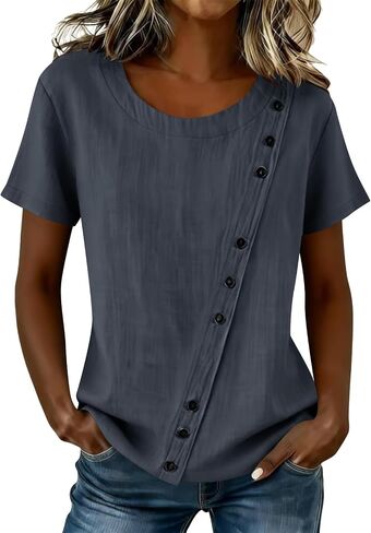 Womens Asymmetric Button Top Round Neck Gathered Hem Cotton Linen Summer Blouse in Saudi Arabia