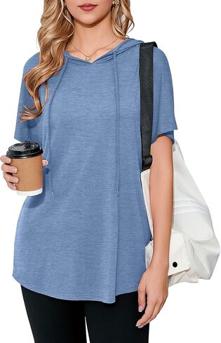 SUEANI Women's Short Sleeve Hoodie Tunic Tops Casual Loose Fit Batwing Pullover Sweatshirts with Pockets in Saudi Arabia