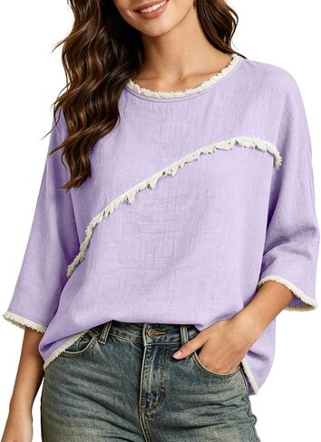 المرأة 3/4 طول الأكمام العصرية خفيفة الوزن Crewneck بالإضافة إلى حجم قمصان تونيك الصيف عارضة البلوزات الأنيقة in Kuwait