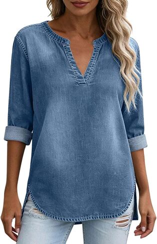 Women Denim Shirts 3/4 Sleeve V Neck Jean Tops Side Split Dressy Casual Blouses Summer Loose Fit Tunics in Saudi Arabia