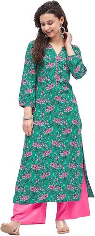 Tissu Women's Dark Green & Pink Pom Pom Work Printed Kurta with Palazzo in Saudi Arabia