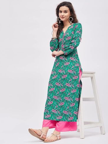 Tissu Women's Dark Green & Pink Pom Pom Work Printed Kurta with Palazzo in Saudi Arabia