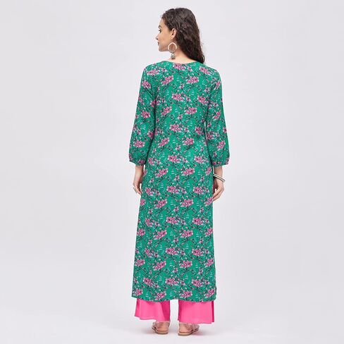 Tissu Women's Dark Green & Pink Pom Pom Work Printed Kurta with Palazzo in Saudi Arabia