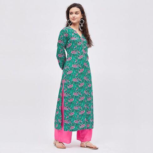 Tissu Women's Dark Green & Pink Pom Pom Work Printed Kurta with Palazzo in Saudi Arabia
