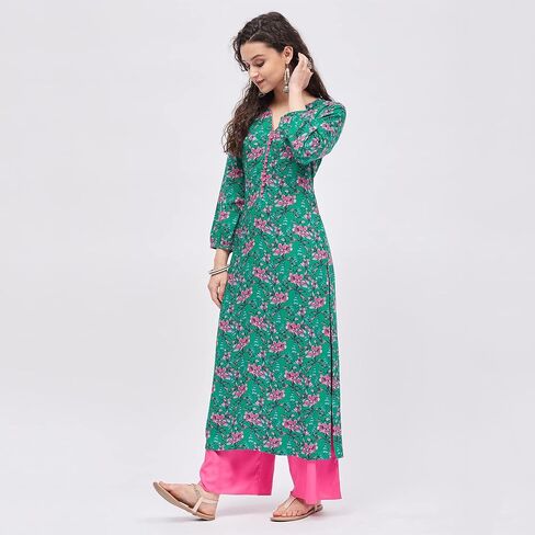 Tissu Women's Dark Green & Pink Pom Pom Work Printed Kurta with Palazzo in Saudi Arabia