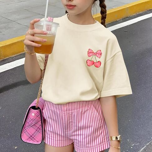 تي شيرت بناتي بفيونكة الكرز قمصان جمالية لطيفة للأطفال مطبوع عليها Love You Cherry Much صيفية بأكمام قصيرة in Kuwait