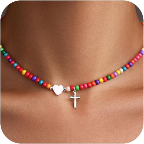 WomenGifts Colorful Beaded Cross Pendant Necklace, Trendy Heart Choker Jewelry for Teen Girls Women, First Communion Confirmation Baptism Catholic Religious Perfect Valentine's Gifts in Saudi Arabia