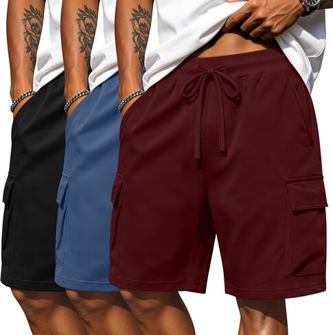 3 Pack Mens Big and Tall Athletic Shorts with Cargo Pockets Drawstring Ribbed Waist Basketball Gym Workout Running in Saudi Arabia