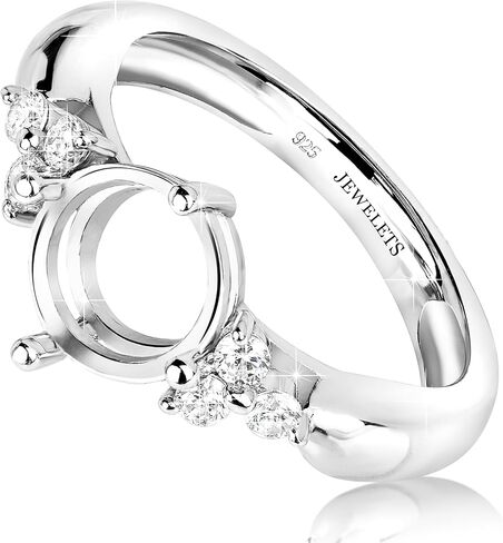 Silver Ring Blank Semi Mount for DIY Jewelry Making - 8mm Round Setting, Rhodium Plated 925 Sterling Silver with 6 White CZ Side Stones in Saudi Arabia