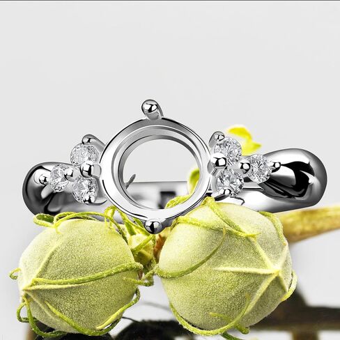 Silver Ring Blank Semi Mount for DIY Jewelry Making - 8mm Round Setting, Rhodium Plated 925 Sterling Silver with 6 White CZ Side Stones in Saudi Arabia