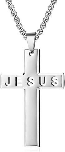 Cross Necklace for Men,Stainless Steel Black Silver Jesus Christ Crucifix Pendant Necklace Jewelry，60cm Rolo Chain in Kuwait