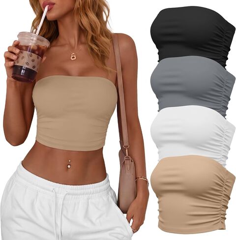 4 Pack Women's Crop Tube Tops Sleeveless Strapless Bandeau Tank Tops Slim Fit Side Ruch Going Out Y2k Sexy Shirts in Saudi Arabia