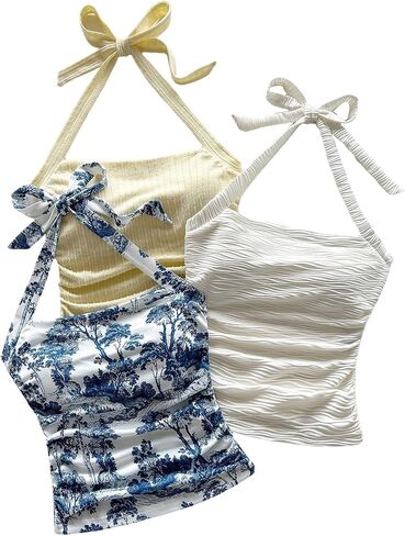 WDIRARA Women's 3 Pack Ruched Halter Top Floral Tie Backless Sleeveless Tank Tops in Kuwait