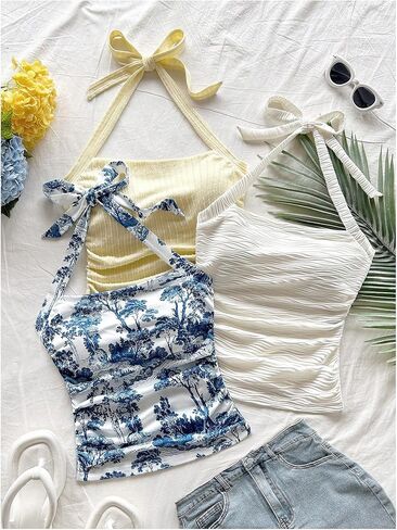 WDIRARA Women's 3 Pack Ruched Halter Top Floral Tie Backless Sleeveless Tank Tops in Kuwait