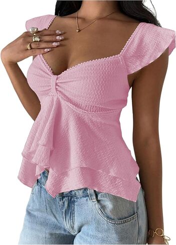RoseSeek Women's Flowy Going Out Tank Top Sweetheart Neck Cap Sleeve Summer Ruffle Elegant Crop Tops in Saudi Arabia